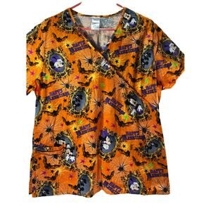Disney Womens Size Large Mickey Happy Haunting Orange Graphic  Scrub Top